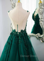 Dark Green V-neckline Lace Long Beaded Prom Dresses, Dark Green Party Dresses