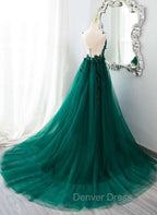 Dark Green V-neckline Lace Long Beaded Prom Dresses, Dark Green Party Dresses
