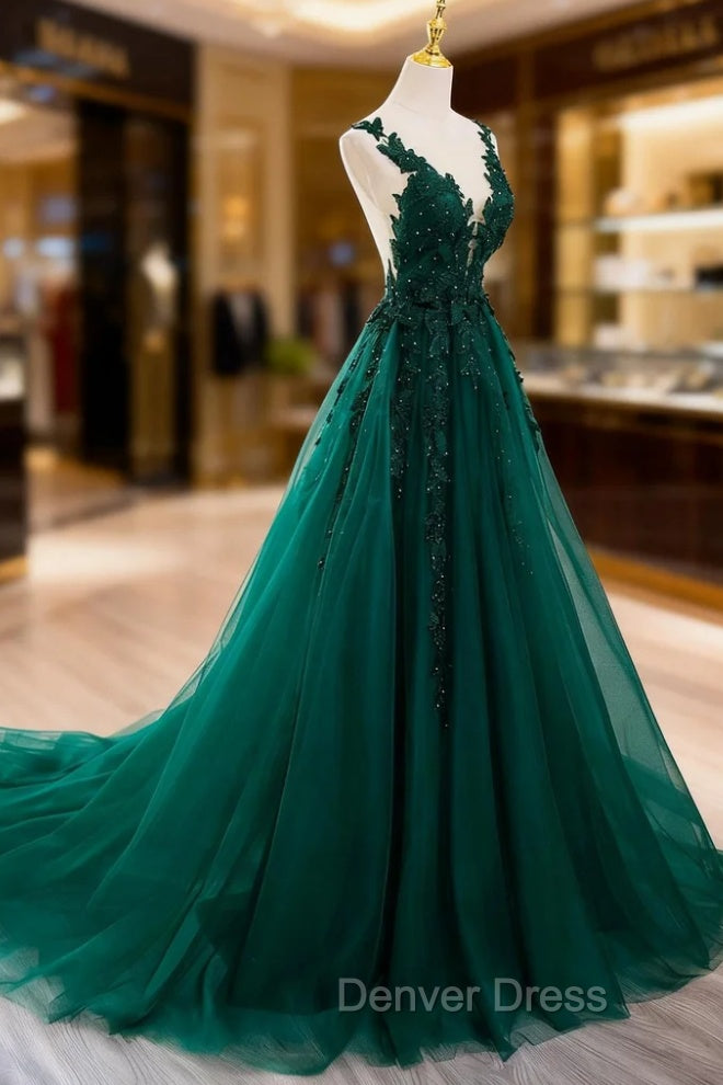 Dark Green V-neckline Lace Long Beaded Prom Dresses, Dark Green Party Dresses Main image