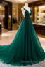 Dark Green V-neckline Lace Long Beaded Prom Dresses, Dark Green Party Dresses
