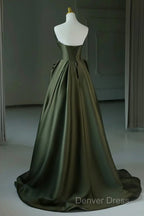 Dark Green V-Neckline Satin Long Prom Dresses, Dark Green Party Dresses