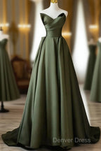 Dark Green V-Neckline Satin Long Prom Dresses, Dark Green Party Dresses