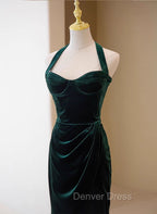 Dark Green Velvet Long Evening Dresses Party Dresses, A-line Green Bridesmaid Dresses