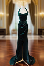 Dark Green Velvet Long Evening Dresses Party Dresses, A-line Green Bridesmaid Dresses