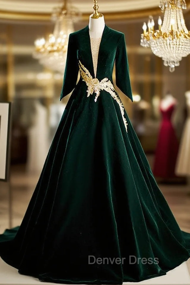 Dark Green Velvet Long Sleeve Appliques Prom Dresses Main image
