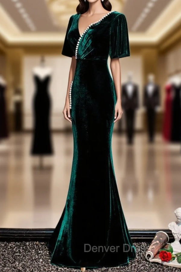 Dark Green Velvet Mermaid Slit V-neckline Formal Dresses Party Dresses, Long Evening Dresses