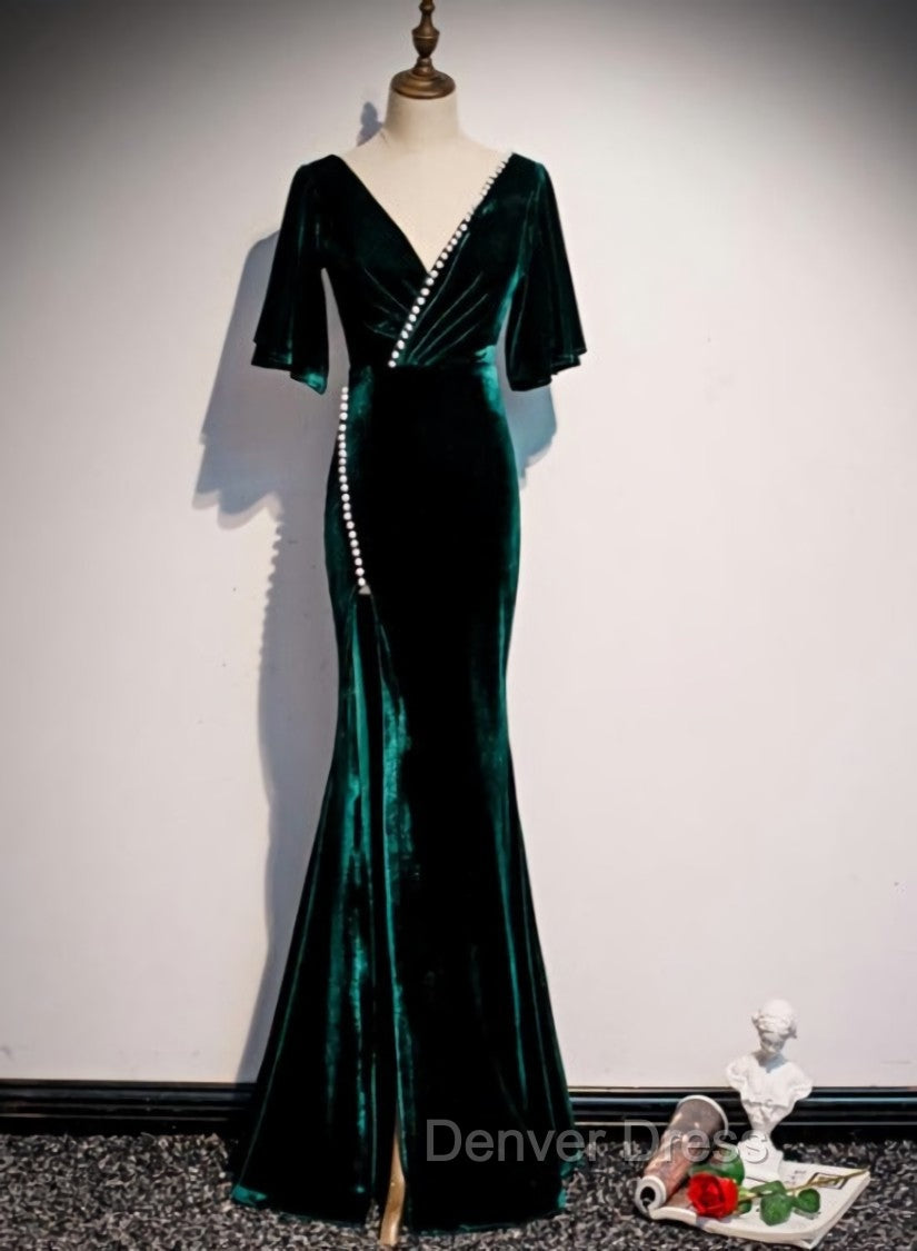 Dark Green Velvet Mermaid Slit V-neckline Formal Dresses Party Dresses, Long Evening Dresses Main image
