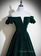Dark Green Velvet Off Shoulder Long Party Dresses, Green A-line Prom Dresses