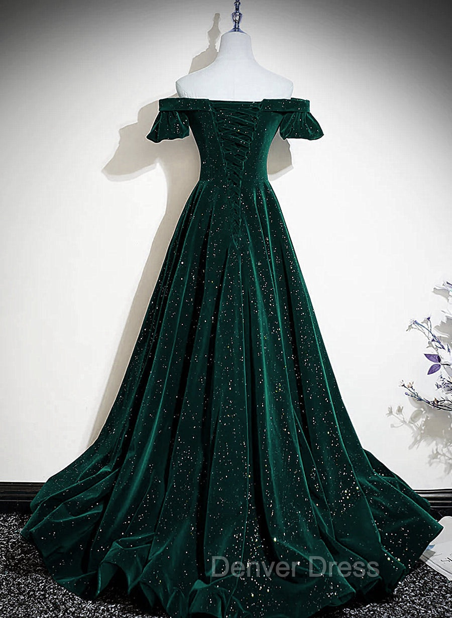 Dark Green Velvet Off Shoulder Long Party Dresses, Green A-line Prom Dresses Secondary image