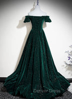Dark Green Velvet Off Shoulder Long Party Dresses, Green A-line Prom Dresses