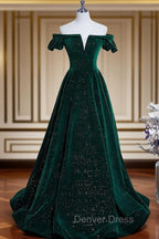 Dark Green Velvet Off Shoulder Long Party Dresses, Green A-line Prom Dresses