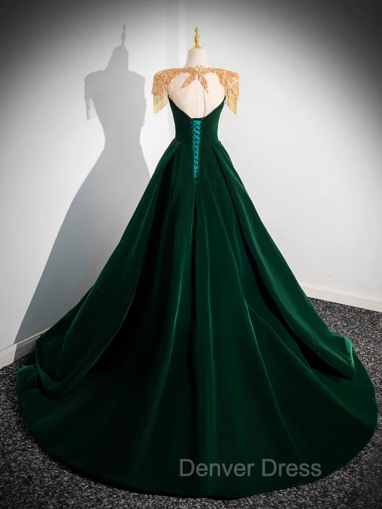Dark Green Velvet Prom Dresses Vintage Gold Beaded Neckline Evening Gown