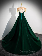 Dark Green Velvet Prom Dresses Vintage Gold Beaded Neckline Prom Gowns