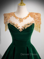Dark Green Velvet Prom Dresses Vintage Gold Beaded Neckline Evening Gown