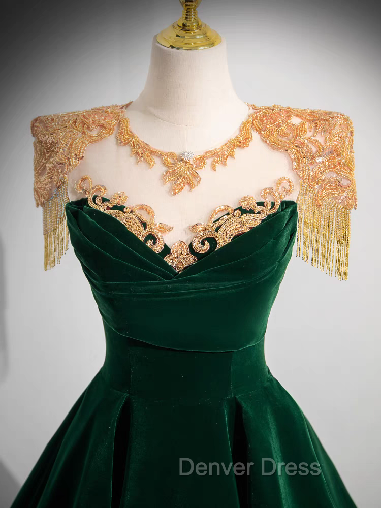Dark Green Velvet Prom Dresses Vintage Gold Beaded Neckline Evening Gown