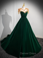 Dark Green Velvet Prom Dresses Vintage Gold Beaded Neckline Evening Gown