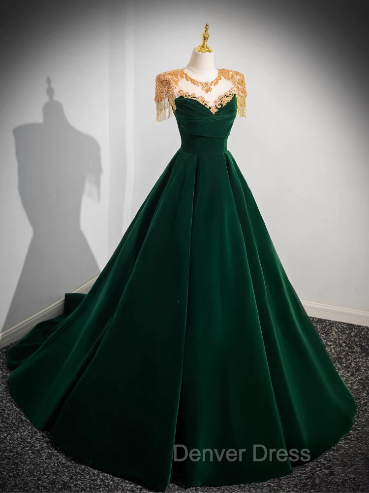 Dark Green Velvet Prom Dresses Vintage Gold Beaded Neckline Prom Gowns