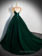 Dark Green Velvet Prom Dresses Vintage Gold Beaded Neckline Evening Gown