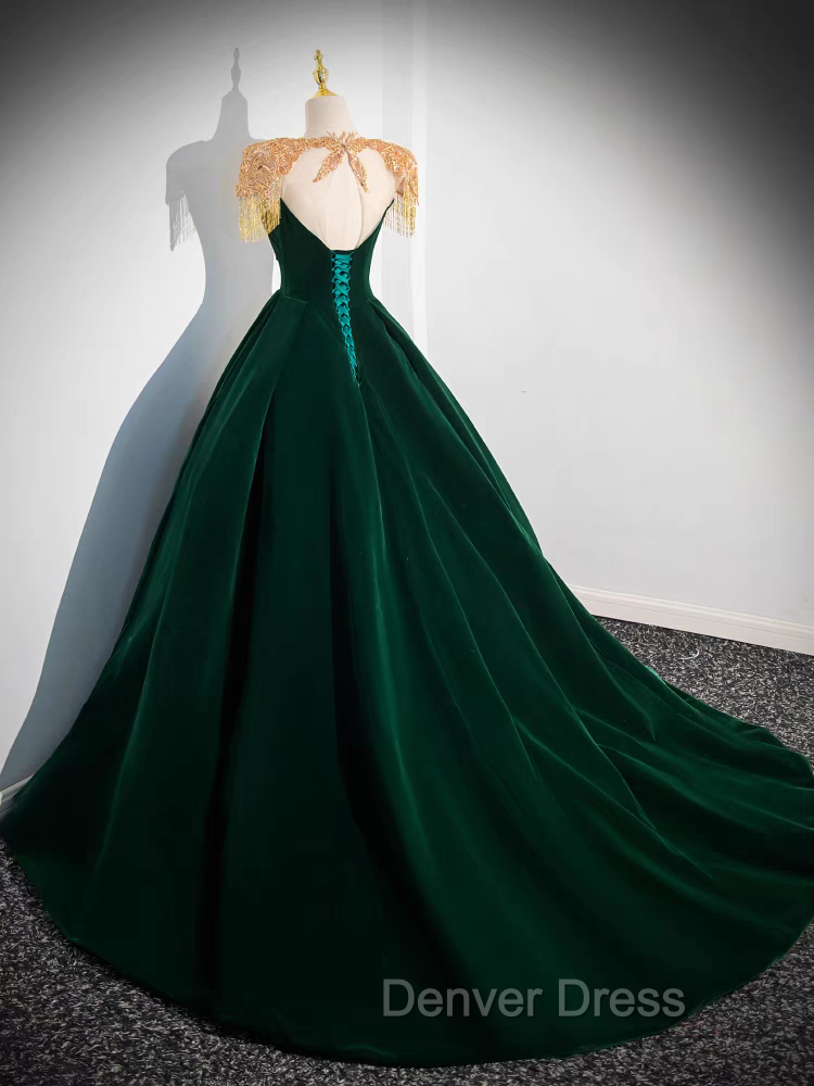 Dark Green Velvet Prom Dresses Vintage Gold Beaded Neckline Evening Gown