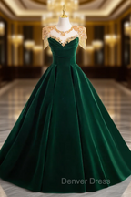 Dark Green Velvet Prom Dresses Vintage Gold Beaded Neckline Evening Gown