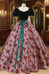 Dark Green Velvet Puff Sleeve Quinceanera Dresses