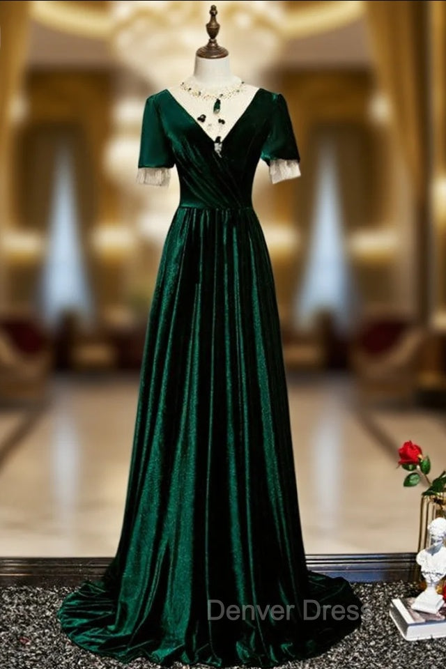 Dark Green Velvet Short Sleeve Open Back Beading Prom Dresses Main image