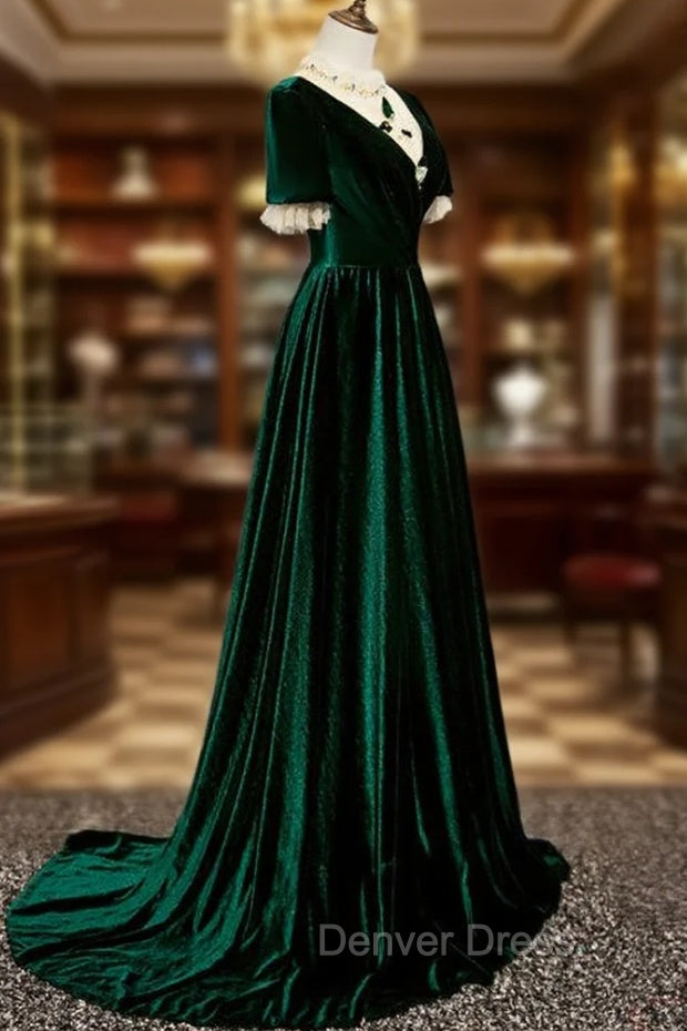 Dark Green Velvet Short Sleeves A-line Bridesmaid Dresses, A-line Wedding Party Dresses Prom Dresses Secondary image
