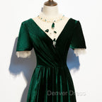 Dark Green Velvet Short Sleeves A Line Bridesmaid Dress, A Line Wedding Prom Dress