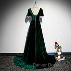 Dark Green Velvet Short Sleeves A-line Bridesmaid Dresses, A-line Wedding Party Dresses Prom Dresses