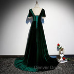 Dark Green Velvet Short Sleeves A Line Bridesmaid Dress, A Line Wedding Prom Dress