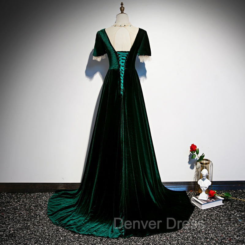 Dark Green Velvet Short Sleeves A Line Bridesmaid Dress, A Line Wedding Prom Dress