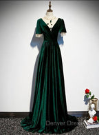 Dark Green Velvet Short Sleeves A-line Bridesmaid Dresses, A-line Wedding Party Dresses Prom Dresses