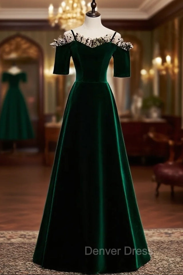 Dark Green Velvet Spaghetti Straps Prom Dresses