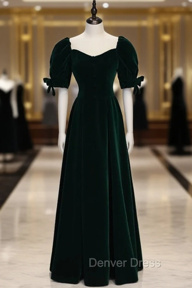 Dark Green Velvet Square Puff Sleeve Prom Dresses Main image