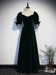 Dark Green Velvet Square Puff Sleeve Prom Dress