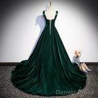 Dark Green Velvet Straps Long Formal Dress With Flowers, Green Evening Dress Prom Dress
