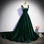 Dark Green Velvet Straps Long Formal Dress With Flowers, Green Evening Dress Prom Dress