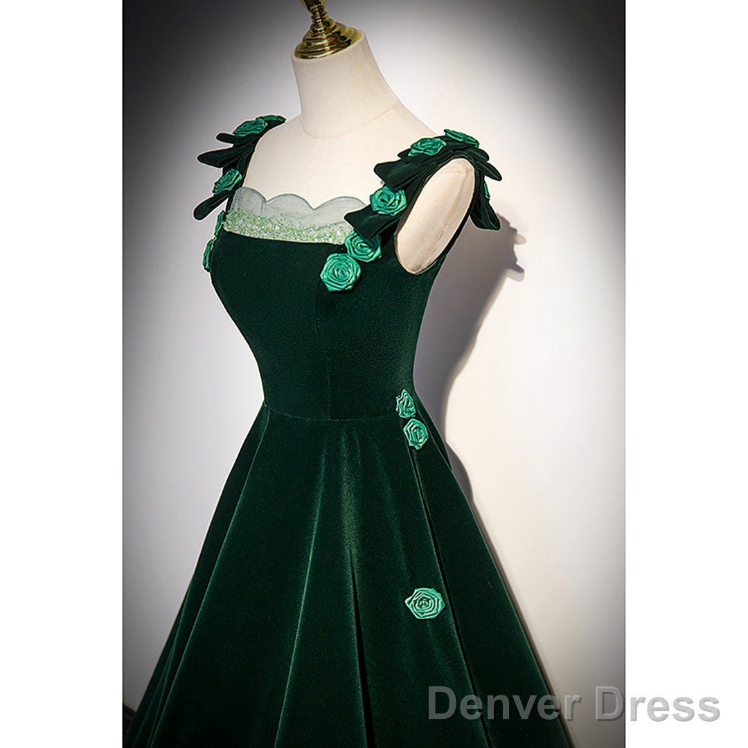 Dark Green Velvet Straps Long Formal Dress With Flowers, Green Evening Dress Prom Dress