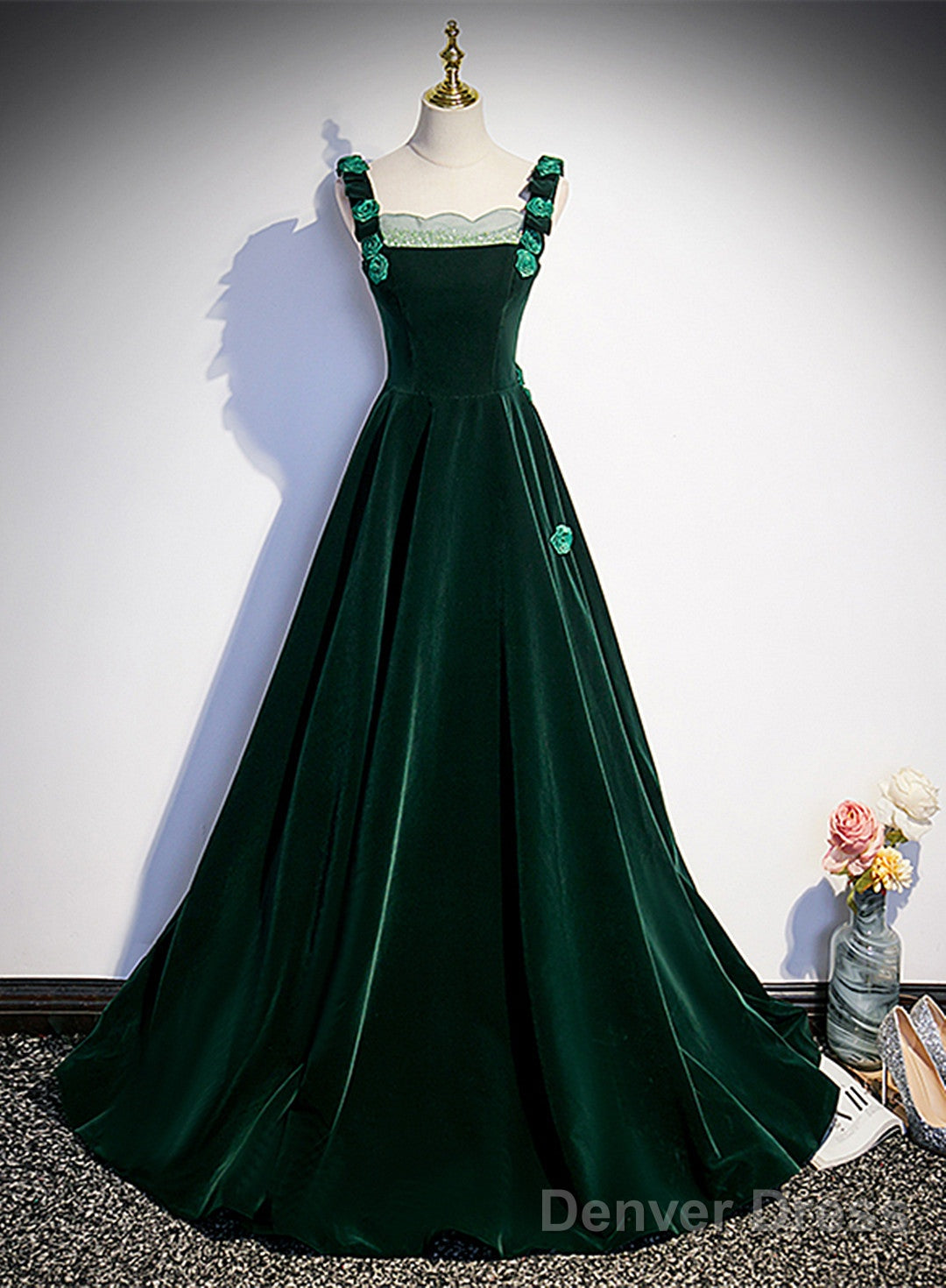 Dark Green Velvet Straps Long Formal Dress With Flowers, Green Evening Dress Prom Dress Main image