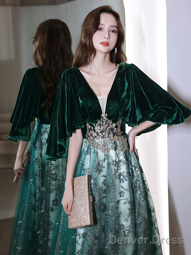 Dark Green Velvet With Tulle Long Party Dress, Dark Green A-Line Formal Dress Prom Dress Secondary image
