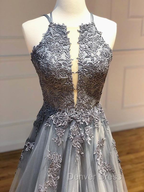 Dark Grey Halter Backless Tulle with Lace Party Dresses A-line Grey Formal Dresses prom Dresses shops Secondary image