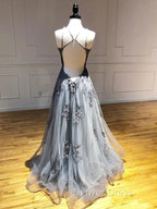 Dark Grey Halter Backless Tulle with Lace Party Dresses A-line Grey Formal Dresses prom Dresses shops