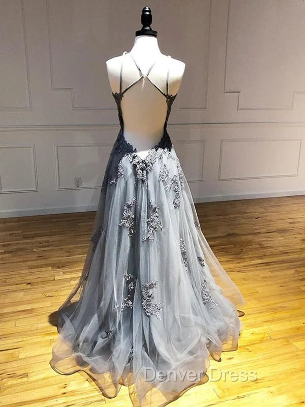 Dark Grey Halter Backless Tulle with Lace Prom Dress A Line Grey Prom Dress shops
