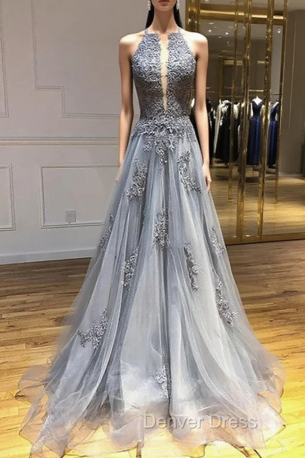 Dark Grey Halter Backless Tulle with Lace Prom Dress A Line Grey Prom Dress shops Main image