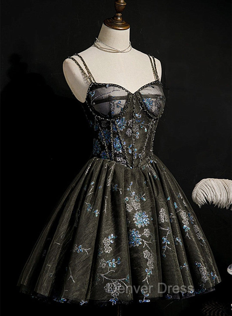 Dark Grey Sequins Lace Up Short Tulle Homecoming Dresses, Grey Party Dresses Main image