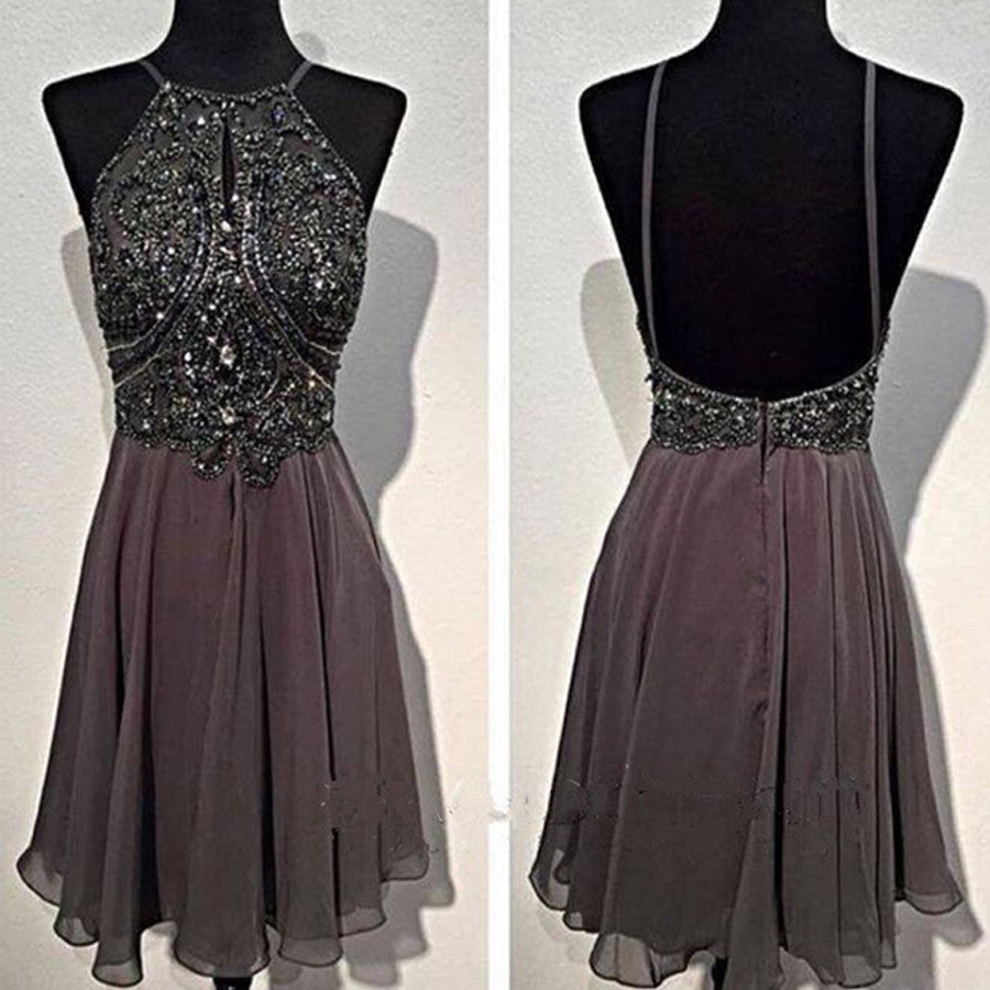Dark grey sparkly special vintage open back sexy popular homecoming prom dress Main image