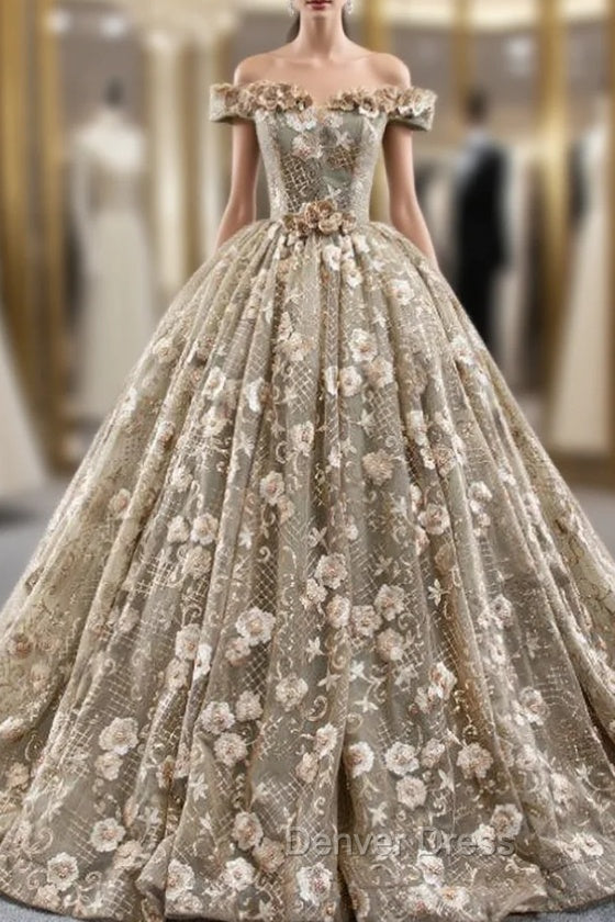 Dark Khaki Ball Gowns Tulle Embroidery Appliques Off the Shoulder Prom Dresses