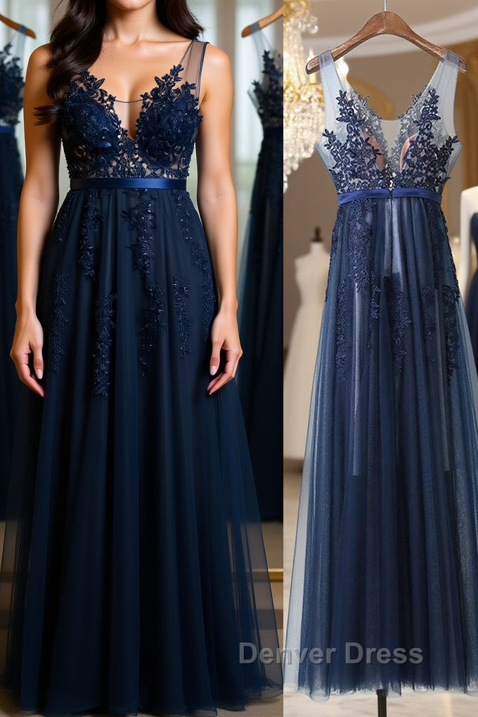 Dark Navy Blue Lace Prom Dress, Dark Navy Blue Lace Prom Bridesmaid Dresses Main image