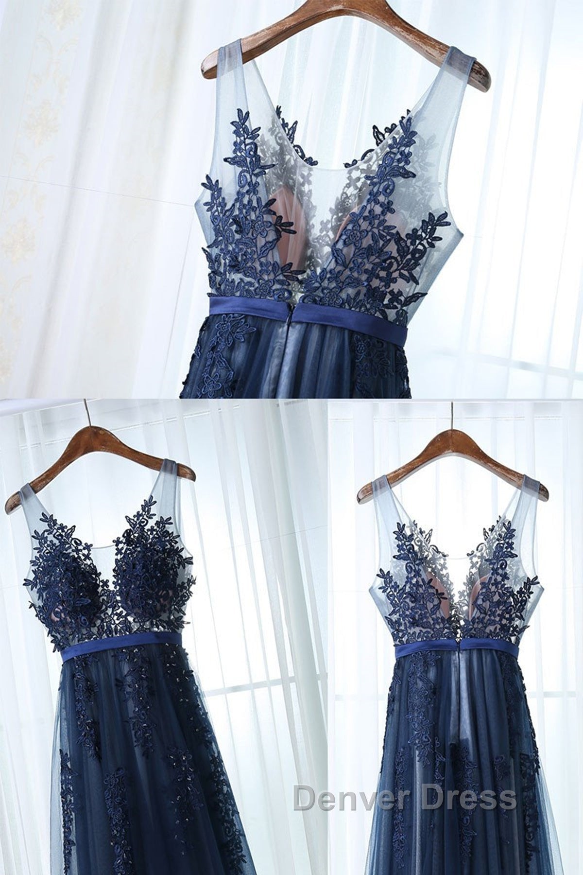 Dark Navy Blue Lace Prom Dress, Dark Navy Blue Lace Prom Bridesmaid Dresses Secondary image