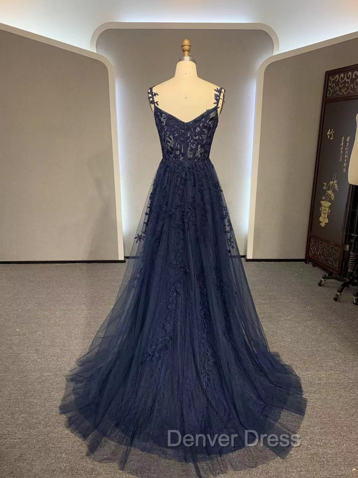Dark Navy Blue Long Lace Prom Dresses, Dark Navy Blue Long Lace Formal Evening Dresses Secondary image